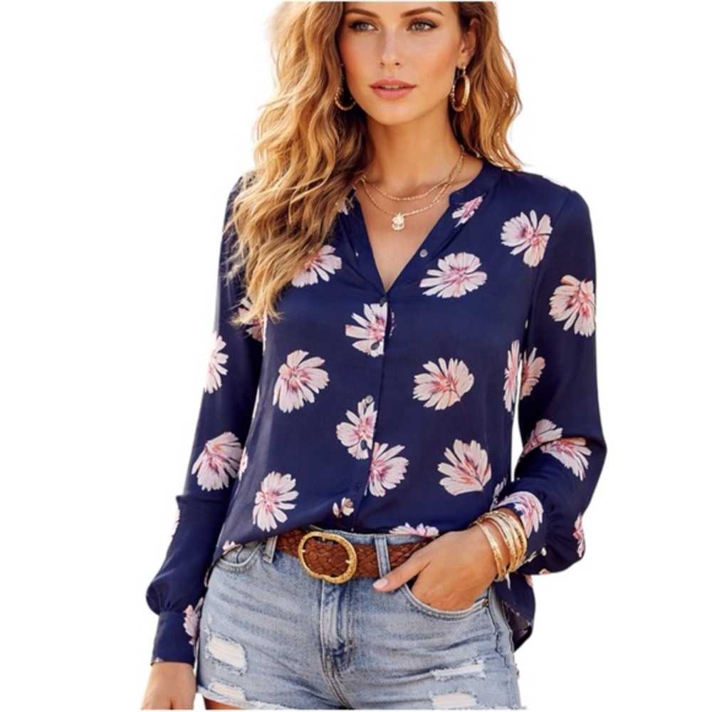 Express Navy Floral Sheer Romantic Boho Button Front Blouse Size Small